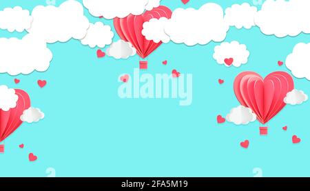 Grußkarten-Design mit 3d-Papierschnitt Wolken und herzförmigen Heißluftballons auf blauem Hintergrund. (3D-Abbildung) Stockfoto