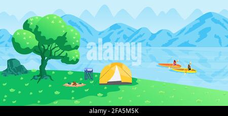 Touristen reisen und Camping in der Nähe des Sees. Stock Vektor