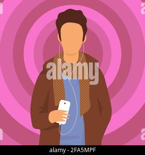 Der Junge hört Musik mit Kopfhörern. Smartphone in der Hand. Vektor-isolierte flache Illustration. Rosa Hintergrund Stock Vektor