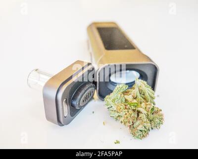 Nahaufnahme von medizinischem Marihuana in einem trockenen Cannabis-Kräuterdampfer. Stockfoto