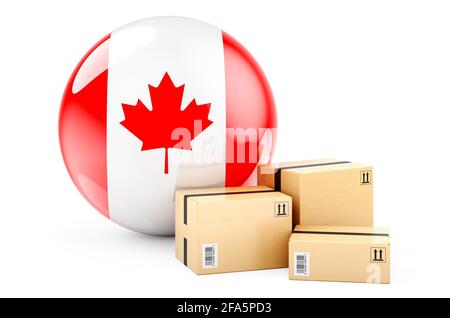 Pakete mit kanadischer Flagge. Versand und Lieferung in Kanada, Konzept. 3D-Rendering auf weißem Hintergrund isoliert Stockfoto