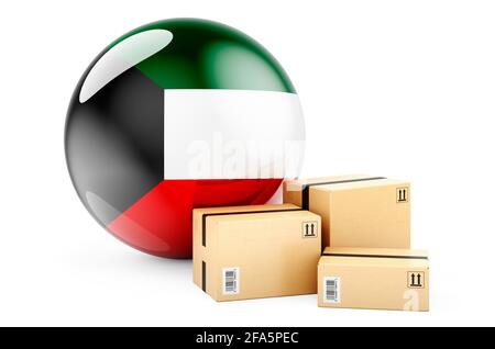 Pakete mit Kuwaits-Flagge. Versand und Lieferung in Kuwait, Konzept. 3D-Rendering auf weißem Hintergrund isoliert Stockfoto