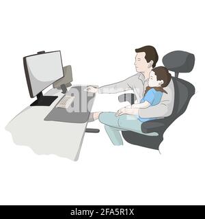 Vater arbeitet mit Baby-Tochter und Laptop-Computer zu Hause isoliert auf weißem Hintergrund Illustration Vektor. Arbeiten von zu Hause aus Geschäftskonzept. Stock Vektor