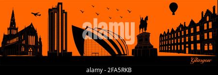 Vektor City Skyline Silhouette - Illustration, Stadt auf orangefarbenem Hintergrund, Glasgow Scotland Stock Vektor