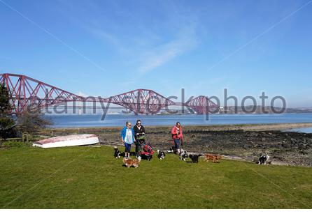 South Queensferry, Schottland, Großbritannien. April 2021. Klar warm und sonnig an der South Queensferry. Menschen, die das Beste aus dem guten Wetter machen und beginnen, die Natur an den üblichen Besucher-Hotspots zu besuchen und zu genießen. Wandern mit den Hunden am Strand. Kredit: Craig Brown/Alamy Live Nachrichten Stockfoto