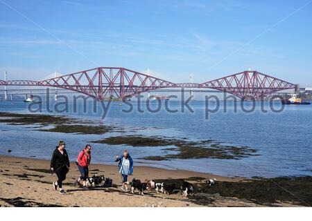 South Queensferry, Schottland, Großbritannien. April 2021. Klar warm und sonnig an der South Queensferry. Menschen, die das Beste aus dem guten Wetter machen und beginnen, die Natur an den üblichen Besucher-Hotspots zu besuchen und zu genießen. Wandern mit den Hunden am Strand. Kredit: Craig Brown/Alamy Live Nachrichten Stockfoto