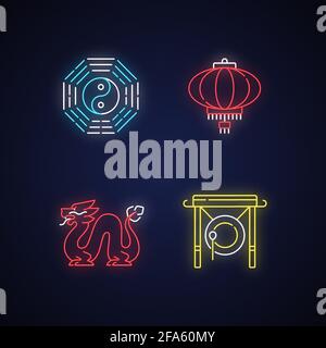 Lunar New Year Attribute Neonlicht-Icons gesetzt Stock Vektor