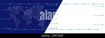 Weltkarte auf blauem Hintergrund. Kopierbereich auf weißem Hintergrund. Dreieckiges Kontinentalmuster. Knoten, die durch Linien verbunden sind. Trendiger, vieleckiger Stil. Stock Vektor