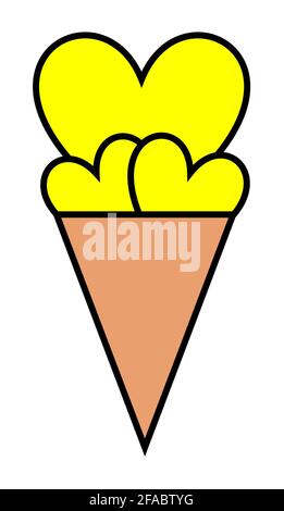 Illustration von gelbem Eis in Herzform mit Kegel auf weißem Hintergrund. Stockfoto