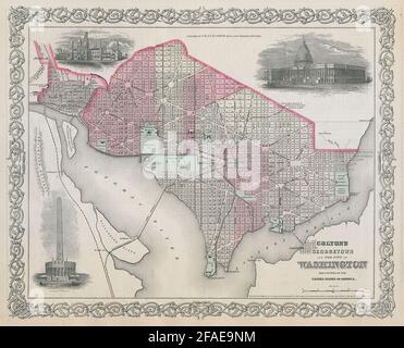 Georgetown und die Stadt Washington. Stadtplan von Washington DC. COLTON 1869-Karte Stockfoto