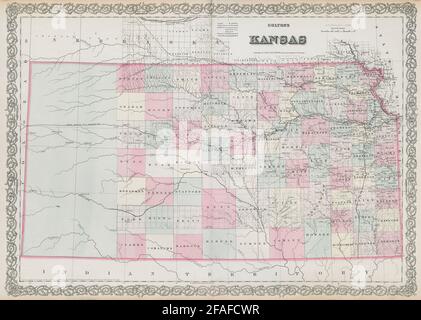 Colton's Kansas. Dekorative antike US-Staatskarte 1869 alte Karte Stockfoto