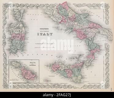 Colton's Süditalien. Malta Sardinien Sizilien Neapel Calabria Puglia 1869 Karte Stockfoto