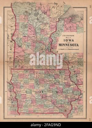 J. H. Coltons Karte von Iowa und Minnesota 1864 alte antike Plan-Karte Stockfoto