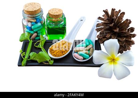 Spa Kräuter (weiße Frangipani Blumen, Kurkuma Pulver in weißem Löffel, Pille, Cissus Quadrangularis Linn, Kiefer, Aloe Vera ätherisches Öl) isoliert auf weiß Stockfoto