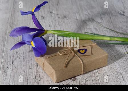 Geschenkschachtel mit Kraftpapier, handgezeichnetes kleines Herz und Irisblume verpackt. Alles Liebe zum Muttertag, Valentinstag oder Geburtstag Hintergrund. Grußkarte Stockfoto