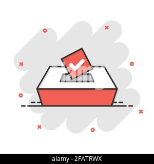 Vote-Symbol im Comic-Stil. Stimmzettelbildzeichentrick Vektor-Illustration auf weißem isolierten Hintergrund. Geschäftskonzept mit Wahlsplash-Effekt. Stock Vektor