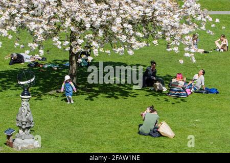 Bath, Somerset, Großbritannien, 23. April 2021. Die Prognosen sagen voraus, dass das warme Wetter bis zum Wochenende andauern wird. Besucher der Parade Gardens in Bath können sich die warme Nachmittagssonne zunutze machen. Quelle: Lynchpics/Alamy Live News Stockfoto