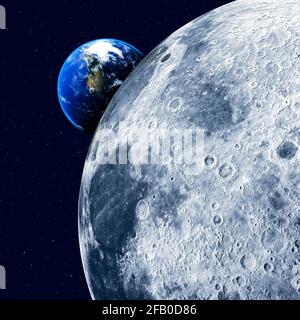 Blick auf den Mond und die Erde. Krater und Mondtäler. Mondvorposten und neue Grenzen. Ausgangspunkt für interstellare Reisen Stockfoto