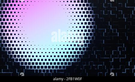Abstrakter Hintergrund. Schwarze Würfel mit leuchtenden Neonkanten. Leuchtender Verlauf mit Kopierbereich. 3d-Illustration. Stockfoto