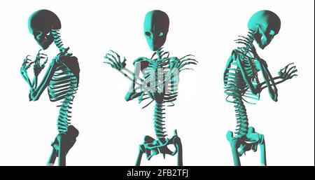 Setzen Sie drei Skelette mit gekreuzten Armen isoliert weißen 3d-Rendering Stockfoto