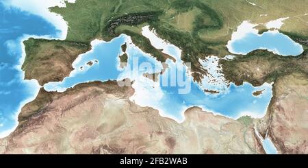Physische Karte der Mittelmeerregion, mit hochauflösenden Details. Abgeflachte Satellitenansicht des Planeten Erde - von der NASA eingerichtete Elemente Stockfoto