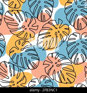 Abstraktion von schwarzen Umrissen von Palmblättern und handgezeichneten Flecken aus beigen, blauen und orangenen Pastellfarben auf weißem Hintergrund. Nahtloser Sommer Stock Vektor