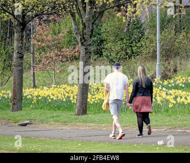 Glasgow, Schottland, Großbritannien. April 2021. UK Wetter: Sonnig am Forth und clyde Kanal und der A82 Straße daneben im Nordwesten der Stadt. Quelle: gerard Ferry/Alamy Live News Stockfoto