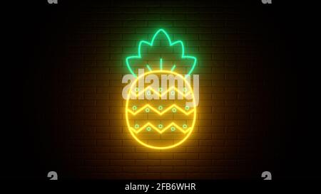 Neonschild an einer Ziegelwand. Leuchtende Ananas-Ikone mit tropischen Früchten. Abstrakter Hintergrund, Spektrum lebendige Farben. 3D Darstellung rendern. Stockfoto