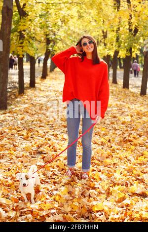 Attraktive junge Frau mit langen brünetten Haaren, trägt übergroße rote Pullover & Mama Jeans zu Fuß im Park ihr Jack Russell Terrier Welpen, gelbe verlassen Stockfoto