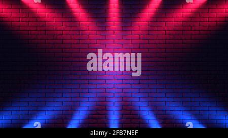 Backstein Wand Hintergrund, Neonlicht. 3D Abbildung Stockfoto