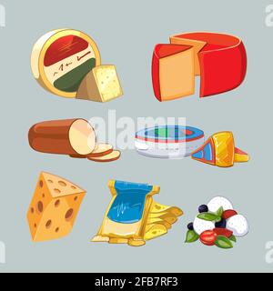 Käse in der Verpackung. Vektorset im Cartoon-Stil. Käse Lebensmittel, Produkt Milch Käse, Frühstück Käse frisch Illustration Stock Vektor
