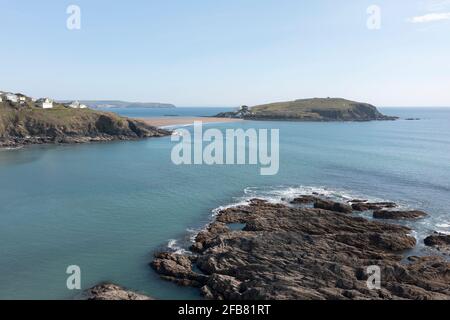 Burgh Island bei Ebbe, Bigbury, South Devon. Wenn die Flut ist in der Insel ist nur mit einem speziell gebauten Traktor zugänglich. Stockfoto