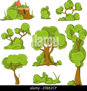 Cartoon Bäume und Sträucher Vektor-Set. Pflanzenbaum, Busch und grüner Baum, Waldbaum Illustration Stock Vektor