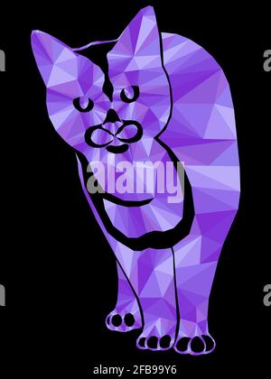 Mosaik von lustigen Katze in violetten Farbtönen isoliert auf dem schwarzen Hintergrund, Dekoration auf Glas für Kinder Stock Vektor