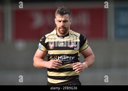 Eccles, Großbritannien. April 2021. Tyrone McCarthy (21) von Leigh Centurions während des Spiels in Eccles, Vereinigtes Königreich am 4/23/2021. (Foto von Richard Long/News Images/Sipa USA) Quelle: SIPA USA/Alamy Live News Stockfoto