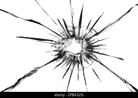 Die Wirkung der Risse auf das zerbrochene Glas aus dem Schuss der Waffe. Ein Loch im Glas der Kugel. Stockfoto