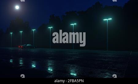 Einsames Retro-Auto auf leerem Parkplatz im Regen. Nebel, Regen, Reflexionen. Cyberpunk Tapete. 3D Darstellung rendern. Stockfoto