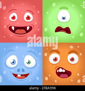 Cartoon Monster Gesichter. Monster Ausdrücke Gesicht Charakter. Cartoon niedlichen Monster Humor, fröhlich und lustig Set Monster. Vektorgrafik Stock Vektor