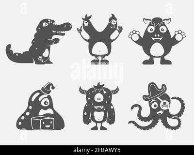 Niedliche schwarze Monster Symbole. Vektorgrafik Monster. Comic seltsame Monster Charakter schwarz Stock Vektor