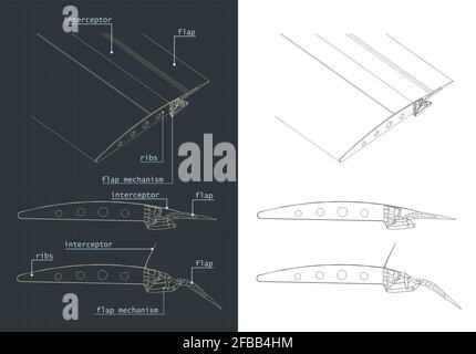 Stilisierte Vektordarstellung von Flugzeugflügelstruktur und Klappen-Systemen Zeichnungen Stock Vektor