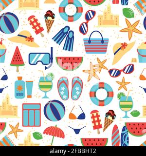 Sommer Strandmuster mit Sonnenschirm und Seesternen, Sonnenbrillen und Sandburgen. Nahtlose Sommer Reisemuster und Urlaub Sommerzeit. Vektorgrafik Stock Vektor