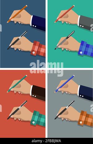 Bleistift in der Hand Cartoon Vektor Illustration. Hände mit Stift und Bleistift. Menschliche Hand mit Stift Stock Vektor