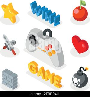 Isometrische Spielsymbole. Flache 3D-Symbole mit Spielsymbolen. Bomb Herz und Schwert für Spiel. Vektorgrafik Stock Vektor