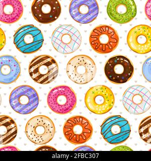 Pulverförmige Donut Dessert Hintergrund. Donuts und kleine Liebesherzen nahtloses Muster. Donut Bäckerei lecker Illustration Stock Vektor