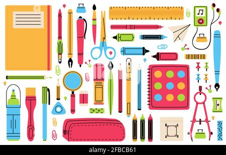 Schulkanzlerei. Schüler Bildung Hand gezeichnet Schulbedarf, Bleistift, Stift, Lineal, Radierer und Schere Vektor Illustration Set. Zurück zu den Schulwerkzeugen Stock Vektor