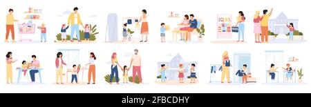 Zurück zur Schule. Schulbildung Vorbereitung, Eltern und Kinder kaufen Schulbedarf Vektor Illustration Set. Wissensvorbereitungstag der Schüler Stock Vektor