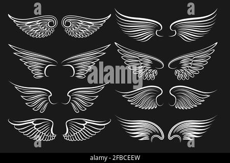 Flügel Emblem schwarze Elemente. Vektor Engel und Vögel geflügelte Etiketten. Illustration von Tattoos mit weißen Flügeln Stock Vektor