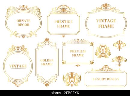 Zierrahmen aus Damast. Antike barocke florale goldene Rahmen isoliert Vektor Illustration Set. Dekorative Vintage-Rahmen aus Damast Stock Vektor