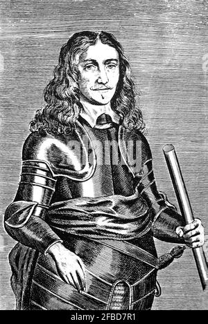 Ein Porträt von James Graham, 1. Marquess of Montrose (1612-1650), einem schottischen Adligen, Dichter und Soldaten, oberleutnant und später Vizekönig und Hauptmann von Schottland. Montrose schloss sich zunächst den Bündnern in den Kriegen der drei Königreiche an, unterstützte dann aber König Karl I., als sich der englische Bürgerkrieg entwickelte. Von 1644 bis 1646 und erneut 1650 kämpfte er im Auftrag des Königs im Bürgerkrieg in Schottland. Er wird als der große Montrose bezeichnet. Stockfoto