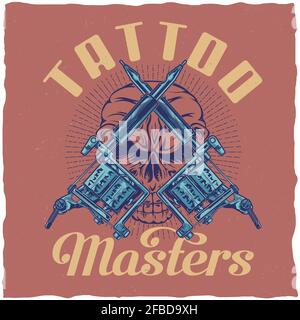 T-Shirt Label-Design mit Illustration von Tattoo-Maschinen Stock Vektor